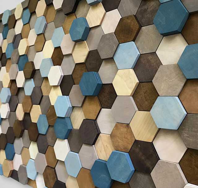 Handmade Reclaimed Wood Hexagon Wall Art - Brown, Tan & Blue Mosaic - image 1