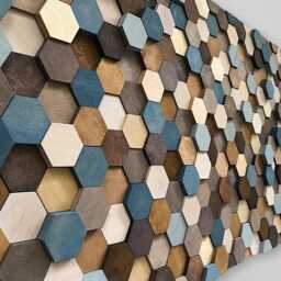 Handmade Reclaimed Wood Hexagon Wall Art - Brown, Tan & Blue Mosaic - thumbnail 2