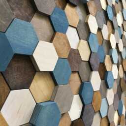 Handmade Reclaimed Wood Hexagon Wall Art - Brown, Tan & Blue Mosaic - thumbnail 4