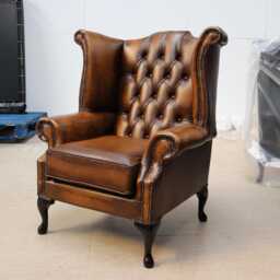 Upholstered Accent Armchair For Living Room - Reading Chair Made Of Real Leather Authentic Chesterfield Tan - thumbnail 3