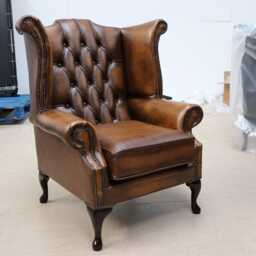Upholstered Accent Armchair For Living Room - Reading Chair Made Of Real Leather Authentic Chesterfield Tan - thumbnail 2