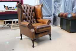 Upholstered Accent Armchair For Living Room - Reading Chair Made Of Real Leather Authentic Chesterfield Tan