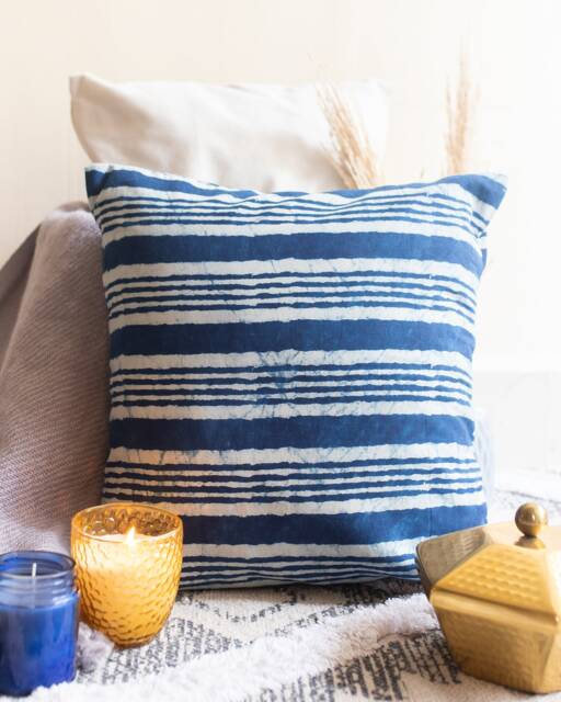 Indigo Dabu Hand Blockprint Cushion No Chemicals, Natural Handmade Cushion, Cotton Cushion Cover, Stripe Made in India - image 1
