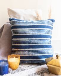 Indigo Dabu Hand Blockprint Cushion No Chemicals, Natural Handmade Cushion, Cotton Cushion Cover, Stripe Made in India - thumbnail 1