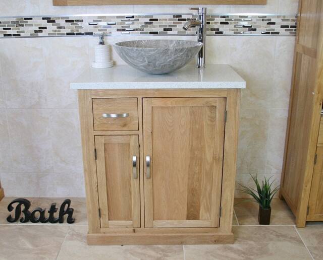 Bathroom Vanity Unit Free Standing Oak Cabinet White Quartz & Marble Basin 503Wqsbc - image 1