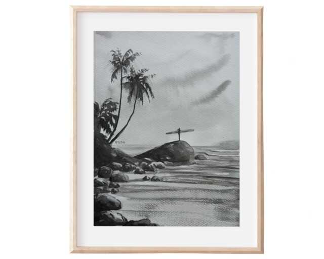 Watercolor Surf Print - Black & White Ocean Art Poster - image 1
