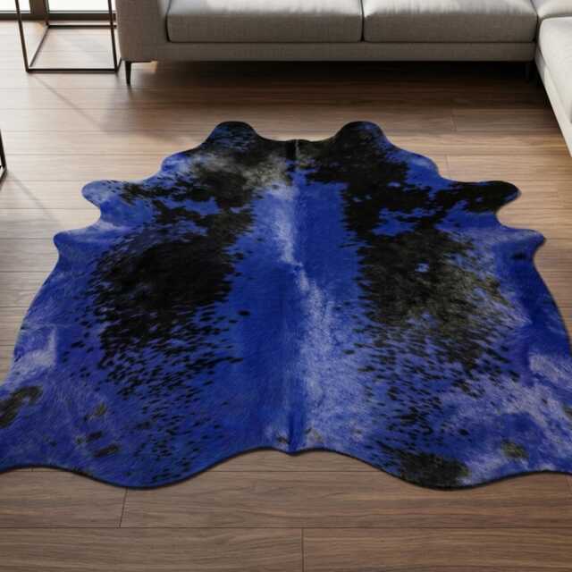 Blue Black Cowhide Rug - Genuine Dyed Leather Area Rug, Western Decor - image 1
