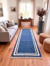 Handmade Wool Oushak Runner Rug - Blue Ivory Floral Traditional Design