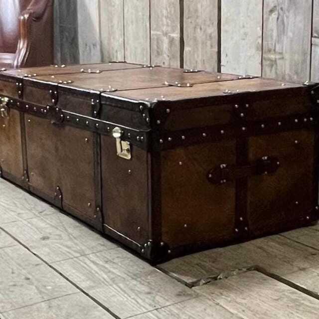 Handmade Leather Steamer Trunk Coffee Table Ottoman, Blanket Chest Furniture - image 1