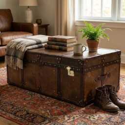 Handmade Leather Steamer Trunk Coffee Table Ottoman, Blanket Chest Furniture - thumbnail 3