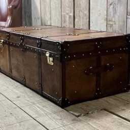 Handmade Leather Steamer Trunk Coffee Table Ottoman, Blanket Chest Furniture - thumbnail 1