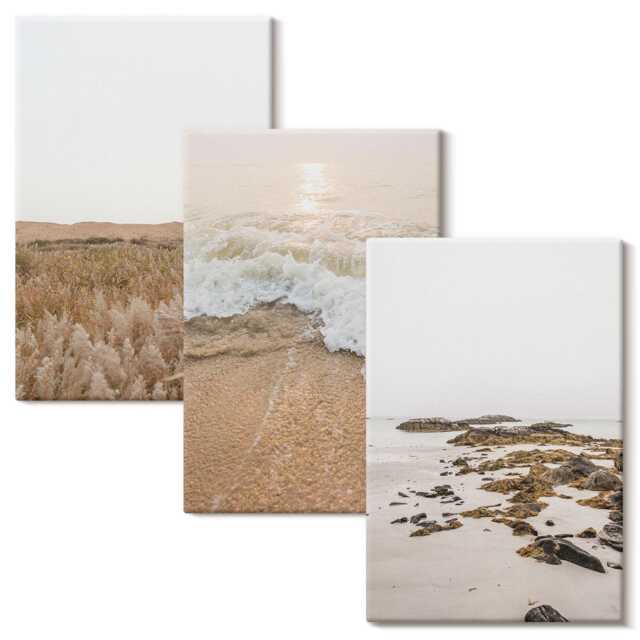 Canvas Wall Art Set Of 3 - Beach With Waves & Sea Stones in Summer, Beige Art, Landscapes Decor - image 1