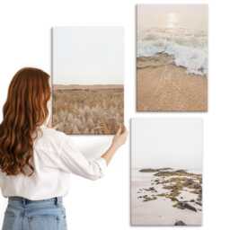 Canvas Wall Art Set Of 3 - Beach With Waves & Sea Stones in Summer, Beige Art, Landscapes Decor - thumbnail 2
