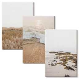 Canvas Wall Art Set Of 3 - Beach With Waves & Sea Stones in Summer, Beige Art, Landscapes Decor