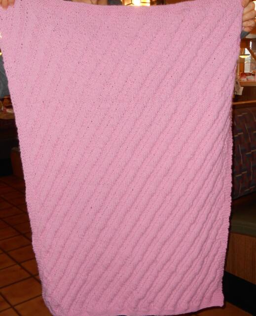 Pink Handmade Hand - Knitted Reversible Diagonal Baby Afghan Or Blanket Lap - image 1