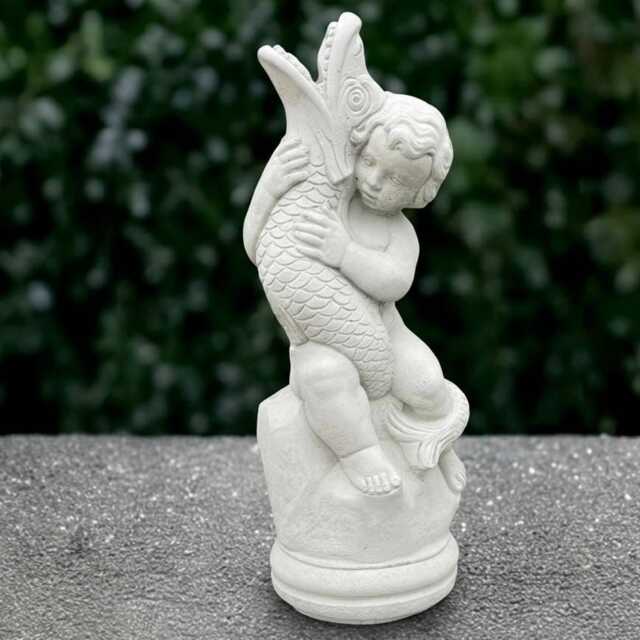 Fantasy Boy With Fish Statue Concrete Children Sculpture Garden & Home Decoration Front Door Ornament Handmade Memorial - image 1