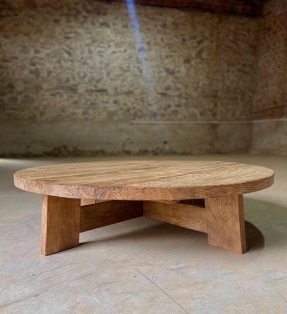 Round Reclaimed Oak Coffee Table - Modern Rustic Low Profile Design - image 1