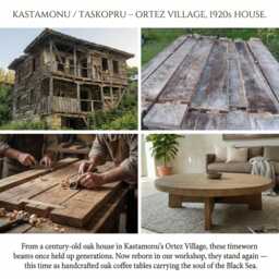 Round Reclaimed Oak Coffee Table - Modern Rustic Low Profile Design - thumbnail 3
