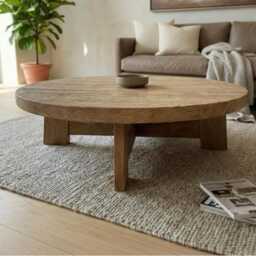 Round Reclaimed Oak Coffee Table - Modern Rustic Low Profile Design - thumbnail 2