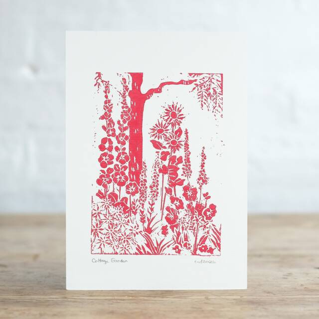Handprinted Cottage Garden Linocut Print - Summer Floral Art - image 1