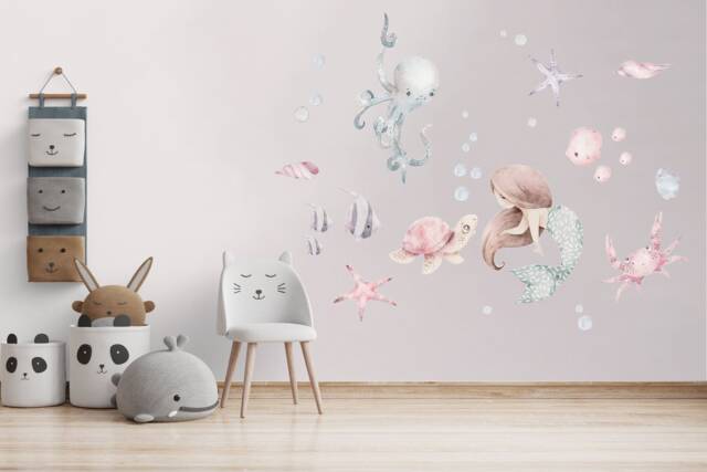 Nursery Mermaid Wall Decal, Watercolor Design - Peel & Stick - Removable Glue Back, Under The Sea Decor, Childrens Room Mural - image 1