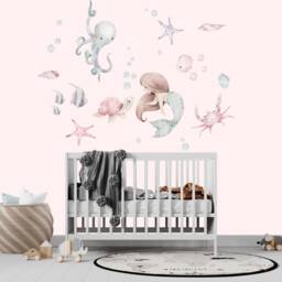 Nursery Mermaid Wall Decal, Watercolor Design - Peel & Stick - Removable Glue Back, Under The Sea Decor, Childrens Room Mural - thumbnail 3