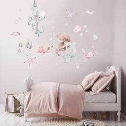 Nursery Mermaid Wall Decal, Watercolor Design - Peel & Stick - Removable Glue Back, Under The Sea Decor, Childrens Room Mural - thumbnail 2