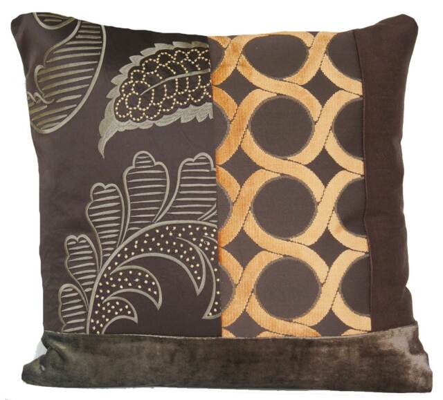 Unique Designers Fabric Decorative Pillow Throw Case Chocolate Brown & Orange Patchwork Cushion Cover Flower Gold Silk Embroidery