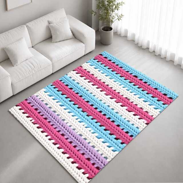 Pastel Pink Blue Crochet Stripe Textured Pattern Rug Non-Slip Soft Area Carpet Bedroom Living Room Hallway Mat Decor - Made in UK - image 1