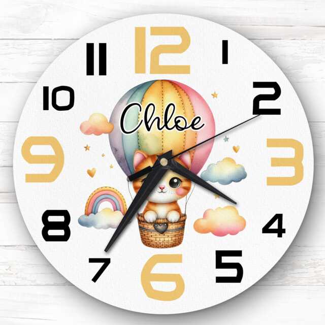 Hot Air Balloon Cat Personalised Gift For Kid's Bedroom Clock - Kids Clock, Children's Decor, Custom Wall - image 1