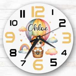 Hot Air Balloon Cat Personalised Gift For Kid's Bedroom Clock - Kids Clock, Children's Decor, Custom Wall