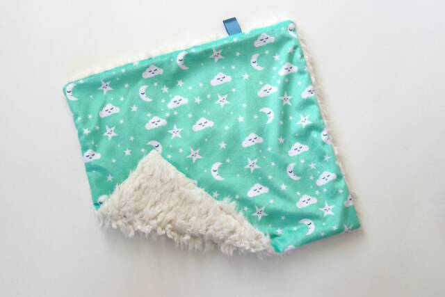 Dream Lovie. Security Blanket. Personalized Lovey. Faux Fur Aqua Cloud Moons. Mini Baby Minky Shower Gift - image 1