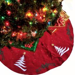 Red Christmas Tree Skirt, Decor, Burlap Embroidered Decoration - thumbnail 2