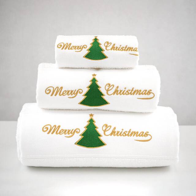 Merry Xmas Set Of 3 Embroidered White Bath Towels - Ref. Red Christmas Tree - image 1