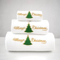 Merry Xmas Set Of 3 Embroidered White Bath Towels - Ref. Red Christmas Tree