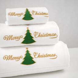 Merry Xmas Set Of 3 Embroidered White Bath Towels - Ref. Red Christmas Tree - thumbnail 2
