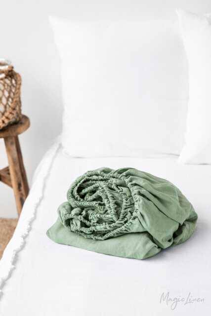 Matcha Green Linen Fitted Sheet - Soft Bedding Queen King Deep Pocket Bed Stonewashed Moisture Wicking Oeko European - image 1