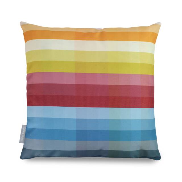 Water Resistant Garden Cushion, Outdoor Pillow Pixel Stripes Rainbow 43cm X With Inner Padding, Designed Handmade in UK By Celina Digby - image 1