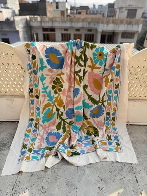 Cotton Suzani Quilt - Hand-Embroidered Folk Patterns, Bohemian Home D??cor, Reversible Throw Blanket - image 1