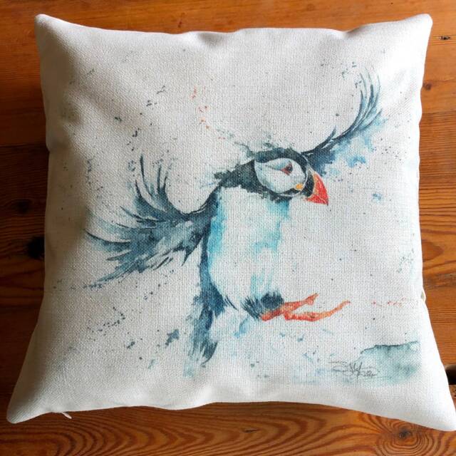 Puffin & Blowin Cushion Cover, Wildlife Art Cushion, Bird Textile Print, Linen Look, Pillow 16Inch - image 1