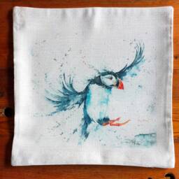 Puffin & Blowin Cushion Cover, Wildlife Art Cushion, Bird Textile Print, Linen Look, Pillow 16Inch - thumbnail 2
