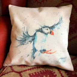 Puffin & Blowin Cushion Cover, Wildlife Art Cushion, Bird Textile Print, Linen Look, Pillow 16Inch - thumbnail 3