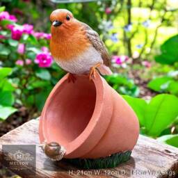 Robin On Plant Pot Bird Feeder Resin Freestanding Novelty Squirrel Seed Station