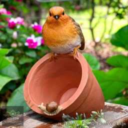 Robin On Plant Pot Bird Feeder Resin Freestanding Novelty Squirrel Seed Station - thumbnail 3