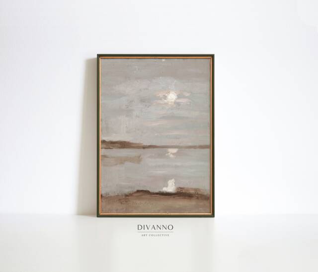 Muted Beach Scene Oil Painting Print, Warm Tone Sunset Wall Art, Bathroom Decor, Seascape Coastal Printable Large Canvas, Digital Art - image 1