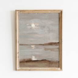 Muted Beach Scene Oil Painting Print, Warm Tone Sunset Wall Art, Bathroom Decor, Seascape Coastal Printable Large Canvas, Digital Art - thumbnail 2