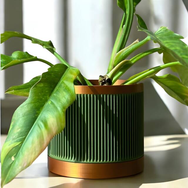 Ribbed Green Plant Pot With Bronze Accent - Modern Indoor Planter Drainage & Drip Tray, Mid-Century Home D??cor, Custom Sizes - image 1