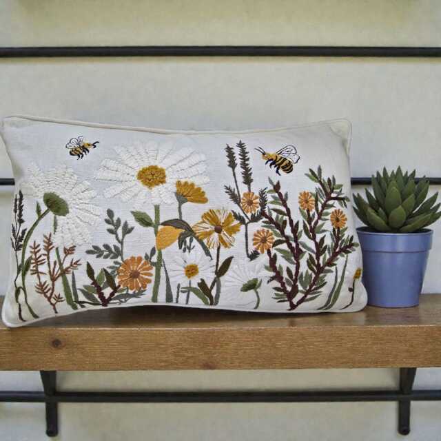 Ivory Floral Embroidered Wildflower Pillow, Bees, Daisy, Piped, Cotton Linen - 25x45cms Cushion, Country Home, Scatter Cushion - image 1