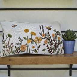 Ivory Floral Embroidered Wildflower Pillow, Bees, Daisy, Piped, Cotton Linen - 25x45cms Cushion, Country Home, Scatter Cushion - thumbnail 1