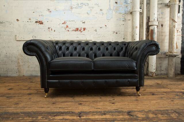 2 Seater Vintage Black Leather Chesterfield Sofa, British Handmade - image 1